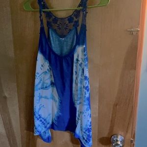 Size M, blue and white tie dye crochet strap tank